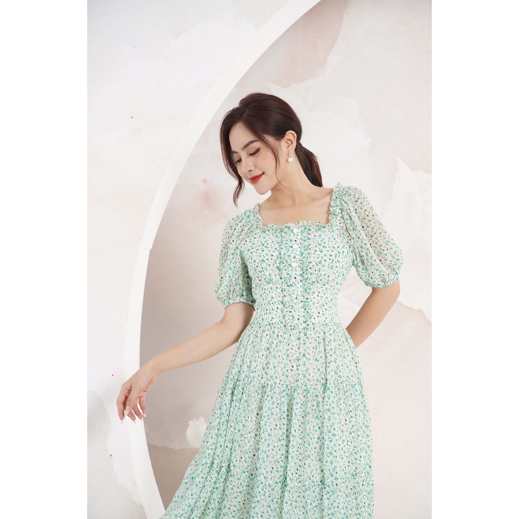 Đầm thiết kế cao cấp FIONA dáng xòe váy công sở nữ dáng dài họa tiết hoa nhí trẻ trung F452340