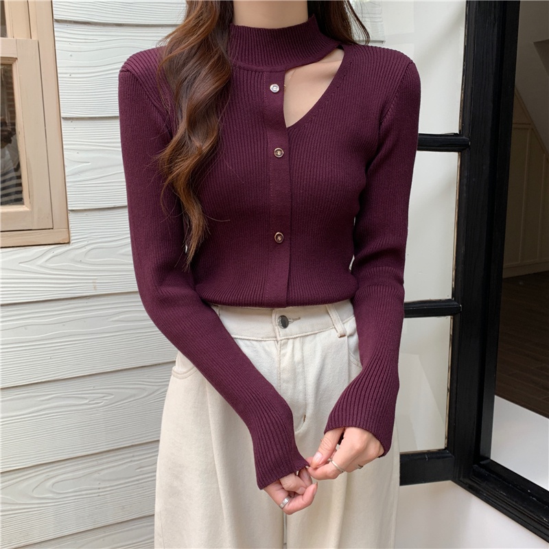 Áo Dệt Kim Mỏng Khoét Lỗ Thời Trang Thu Đông Hàn Quốc Mới Cho Nữ