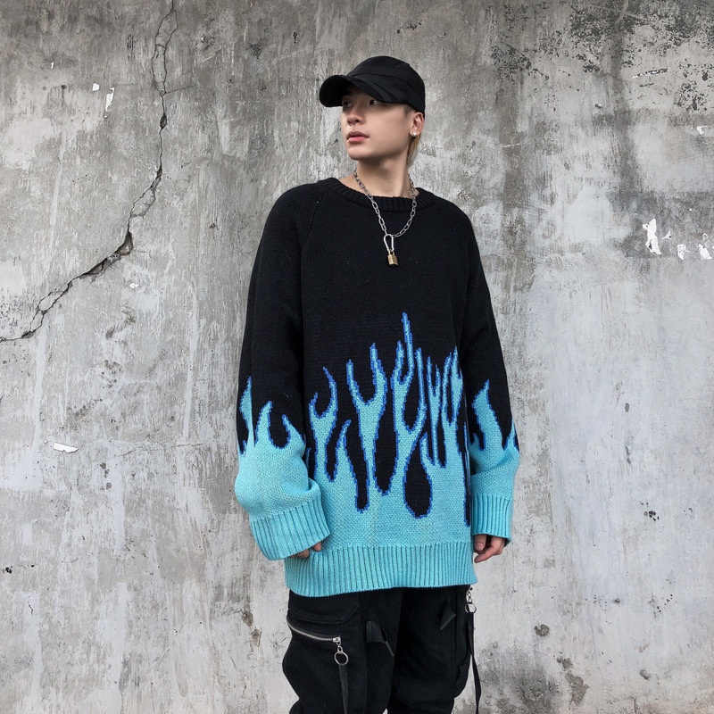 Áo Sweater Dệt Kim Dáng Rộng In Hình Ngọn Lửa Kiểu Hip-Hop Ấ