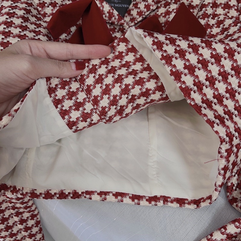 Sét dạ đỏ nhũ nơ ngực pha nhung Noen, Tết