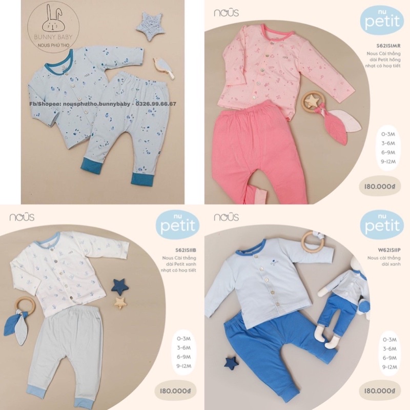 Bộ Nous cài thẳng dài Petit - 3 màu -Mẫu mới 2022- (Size 0-3m đến 9-12m)