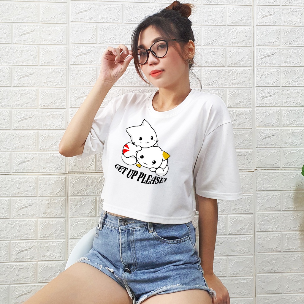 Áo Croptop Nữ Toli Tay Ngắn Cổ Tròn Vải Thun Cotton Kiểu Hàn Quốc In Hình Hoạ Tiết ( XANH NGỌC- CON MÈO)