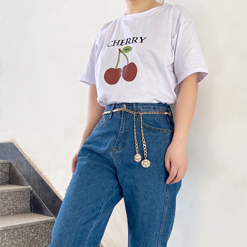 Dây Xích Đeo Thắt Lưng Bằng Kim Loại Đính Ngọc Trai Cho Nữ