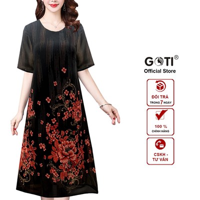 GOTI - Đầm Suông Trung Niên Cổ Tròn Tay Ngắn Dáng Dài Chữ A 2 Lớp Voan Hoa Tặng Mẹ 3226 3309 3344