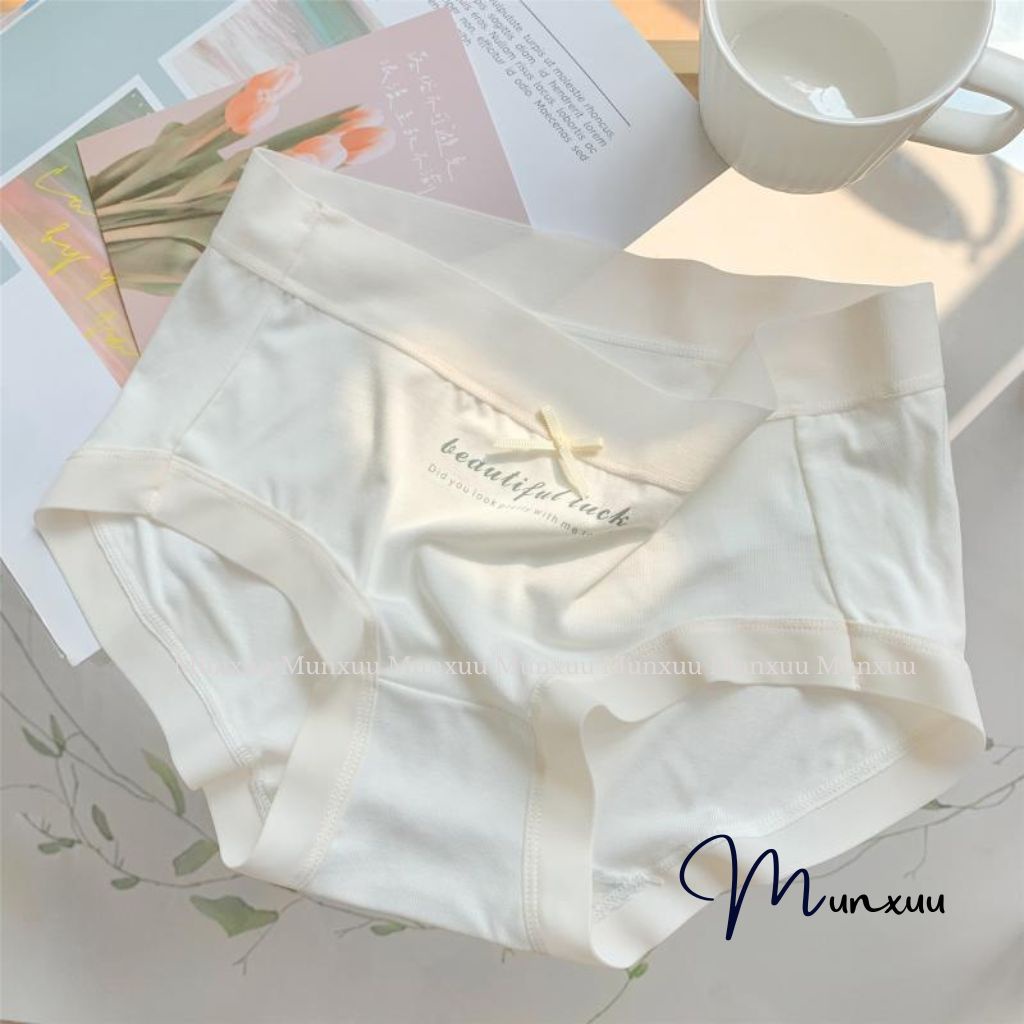 Quần lót nữ MUNXUU vải cotton co dãn phối viền su in chữ đính nơ tiểu thư màu pastel ngọt ngào- QC45