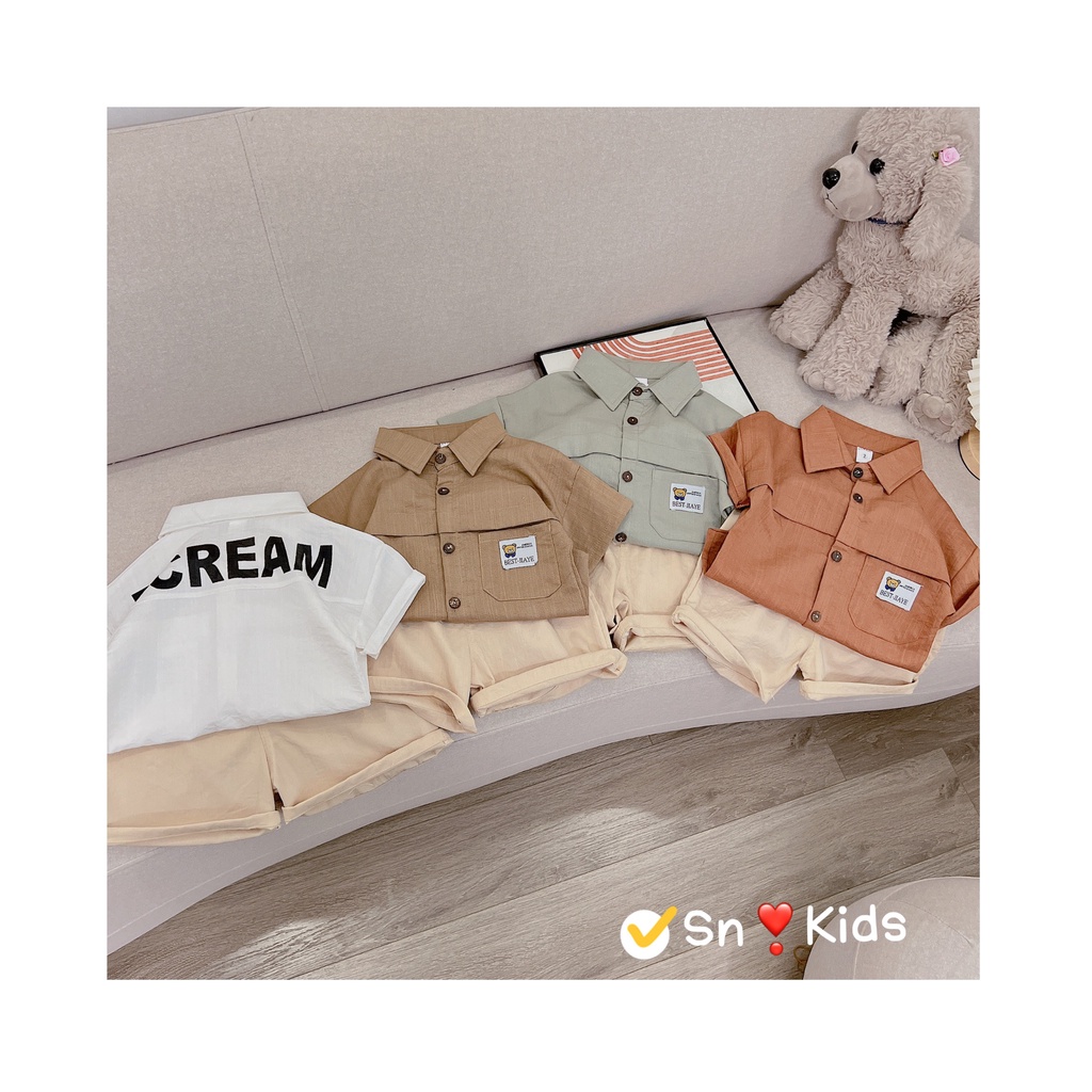Quần áo bé trai, set áo sơ mi đũi xước Hàn cánh dơi PCREAM quần chạy chỉ size 10-30kg