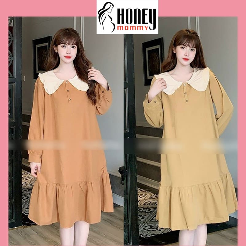 Đầm Bầu Váy Bầu Thu Đông Cổ Sen Chất Nhung Tăm Dày Ấm Dáng Suông Công Sở Xinh Xắn HD4690 Honey Mommy