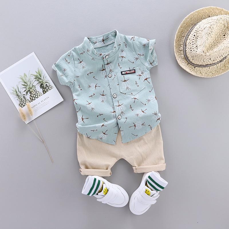 Thời trang ơ mi ngắn tay vải cotton thời trang hè cho bé kèm quần short 0-4 tuổi