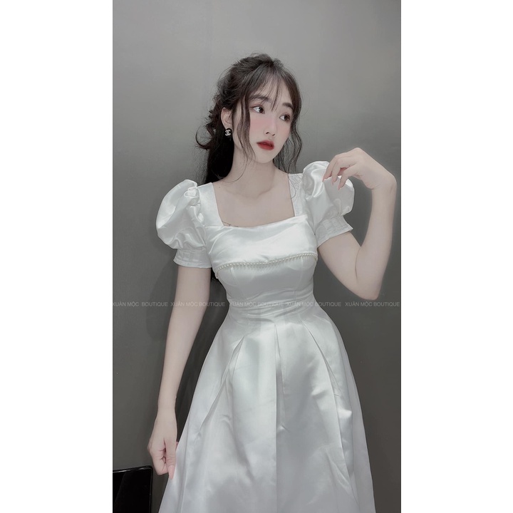 ĐẦM TRẮNG MIDI LẬT NGỰC CHẠY VIỀN HẠT