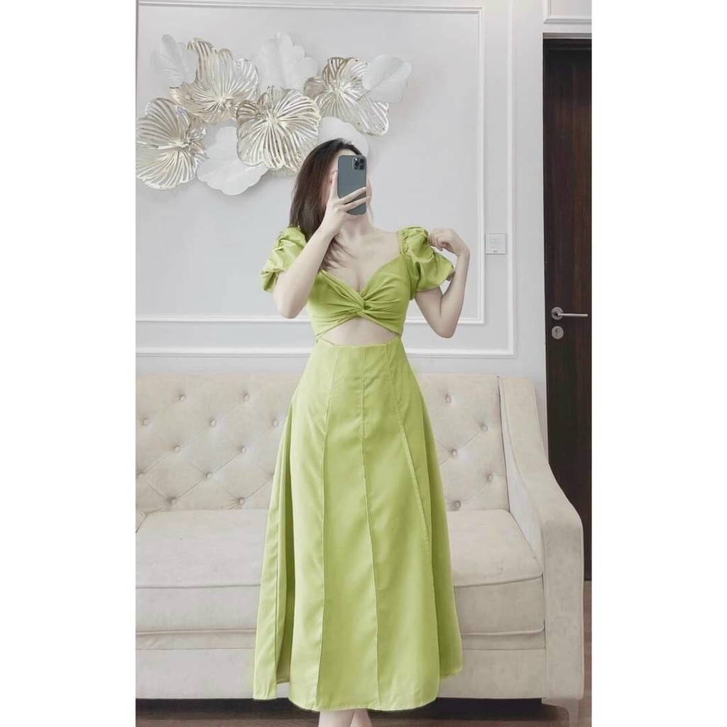 (Siêu Sale Tháng 12) Đầm váy nữ dáng dài,đầm lụa tay phồng xoắn ngực hở bụng cực xinh,phong cách trẻ trung sang chảnh