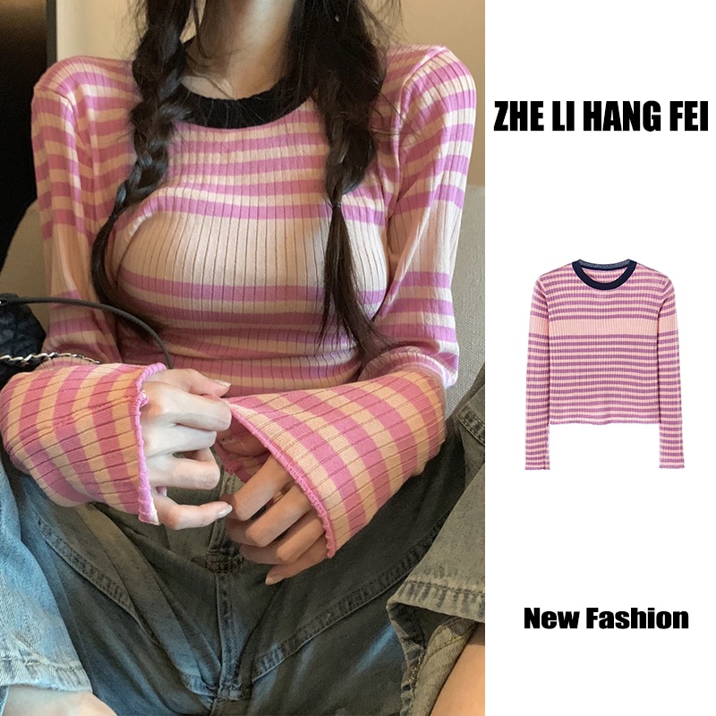 Áo ZHELIHANGFEI dệt kim tay dài họa tiết sọc thời trang phong cách