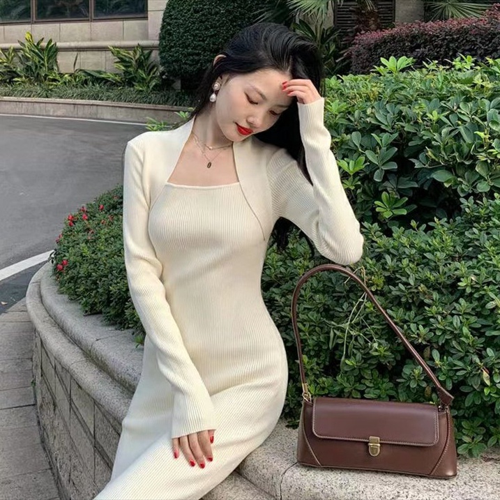 Đầm Sweater Dệt Kim Tay Dài Cổ Vuông Co Giãn Xẻ Tà Kiểu Vintage Pháp Thời Trang Mùa Thu 6 Màu Tùy Chọn