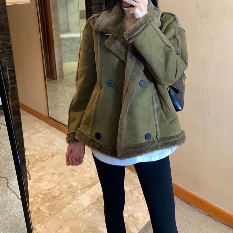 Áo Khoác Da Lộn Lót Lông Mịn Xanh Rêu Đang Hot