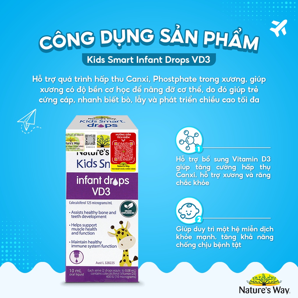 Combo 2 Siro Uống Nature's Way Kids Smart Drops DHA Và Infant Drops VD3 Bổ Sung Vitamin D Cho Bé Hộp 20ml và 10ml