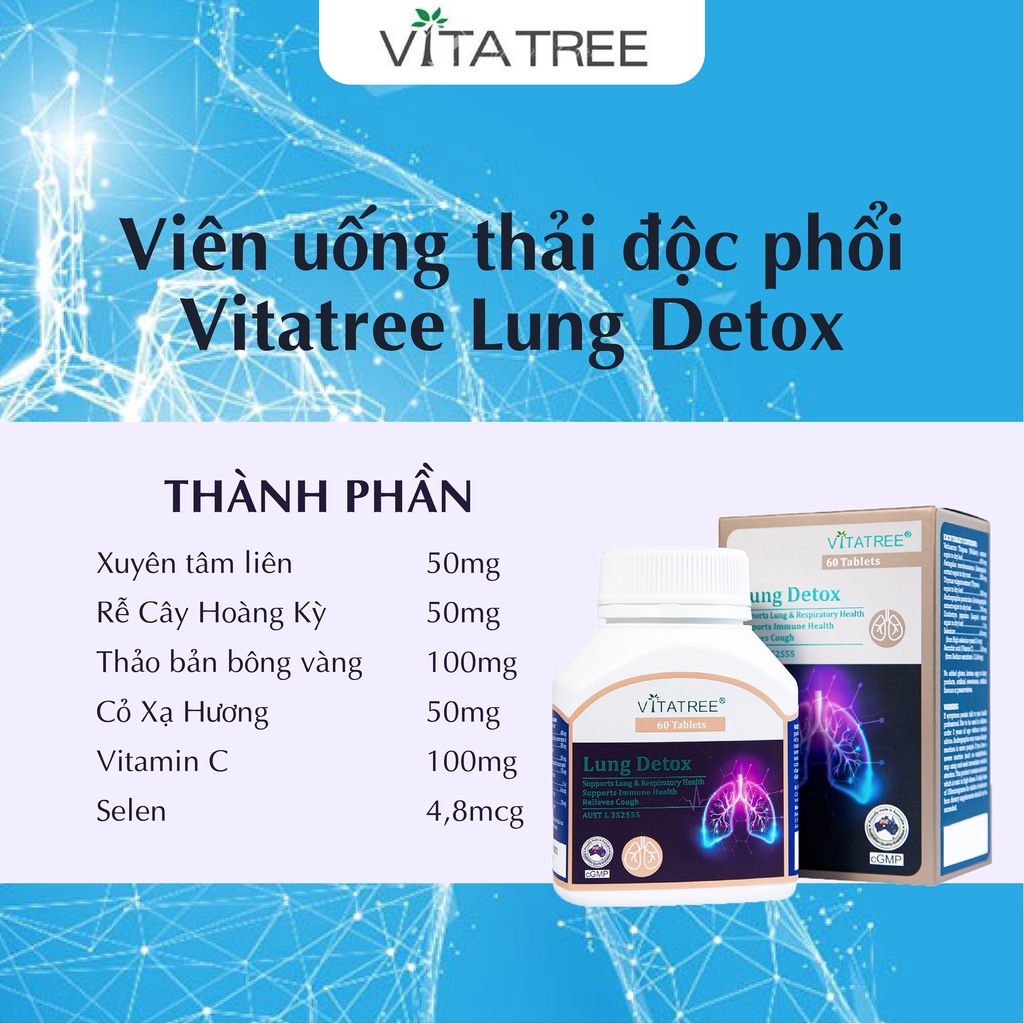 Viên uống thải độc phổi Vitatree Lung Detox của Úc hỗ trợ giảm ho, tăng cường miễn dịch bảo vệ hệ hô hấp hộp 60 viên