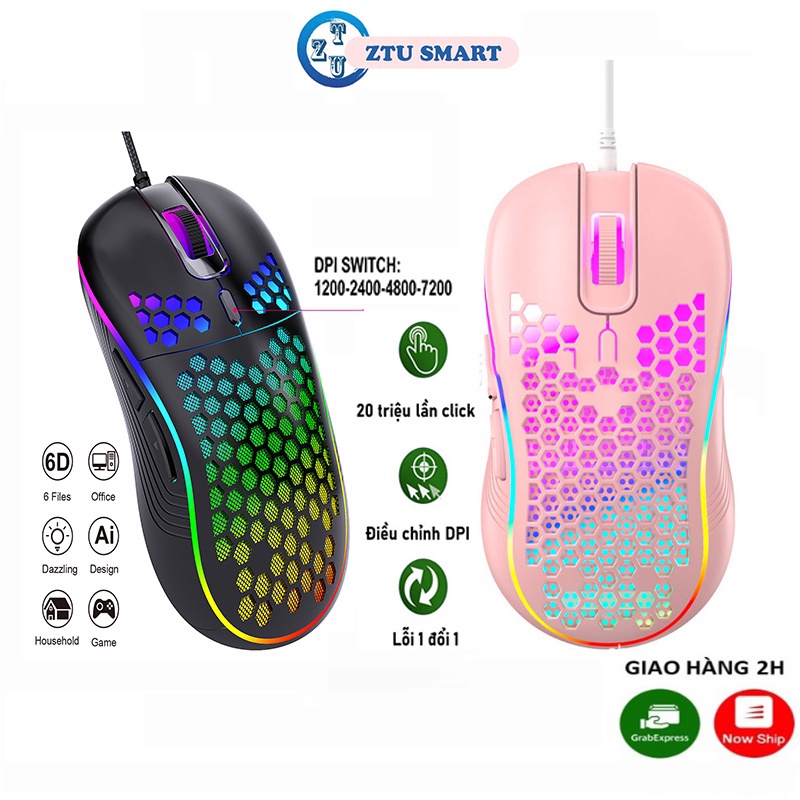 Chuột máy tính có dây ZTU Smart D4 giá rẻ gaming văn phòng 7200DPI công thái học làm việc và chơi game cho pc laptop