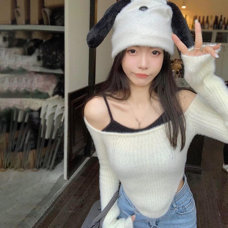Áo Sweater Trễ Vai Giả Hai Lớp Dáng Ngắn Ôm Thời Trang Hàn Quốc Gợi Cảm
