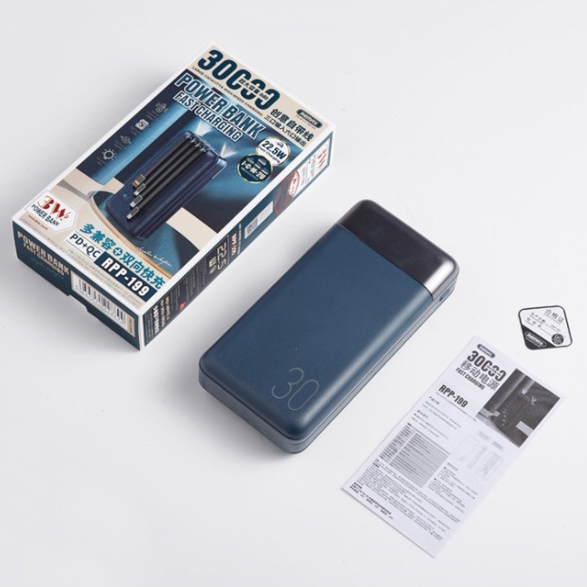 Pin sạc dự phòng dung lượng cao kèm cáp sạc hỗ trợ sạc nhanh 22.5W Remax RPP-199 30000mah/Remax RPP-