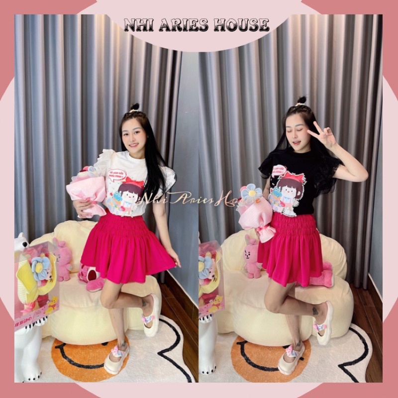 SET ÁO THUN NỮ PHỐI REN IN HÌNH CÔ GÁI + CHÂN VÁY XOÈ BO CHUN