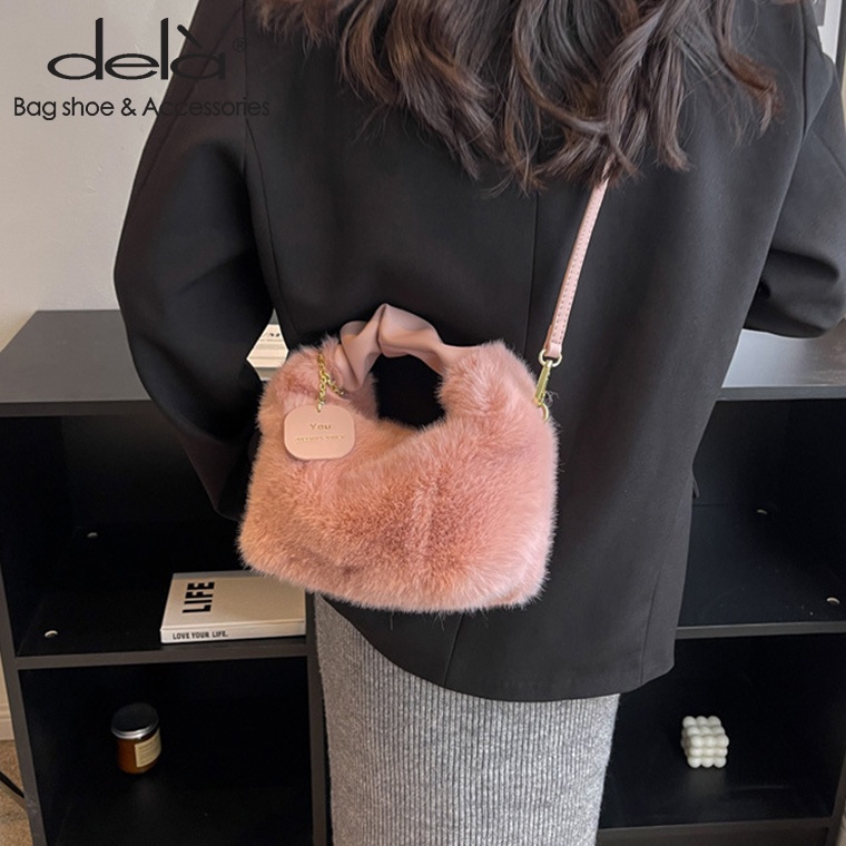 Dela Túi Đeo Chéo Vải Len Phối Dây Xích Thời Trang Nhật Hàn Dành Cho Nữ