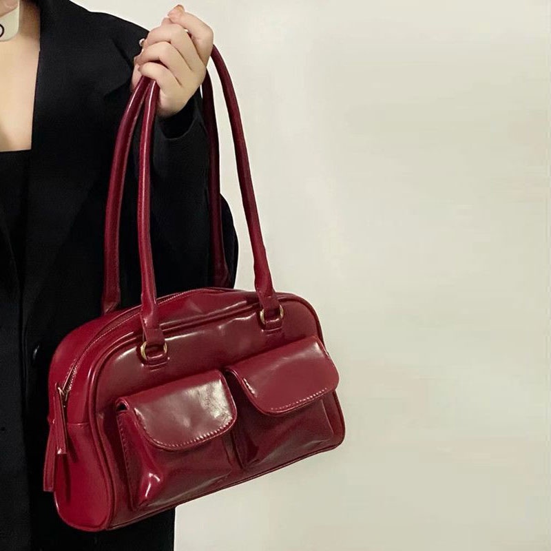 AlphaZ Túi Da PU Đeo Vai Màu Đỏ Bóng Sức Chứa Lớn Sang Trọng Cổ Điển Cho Nữ