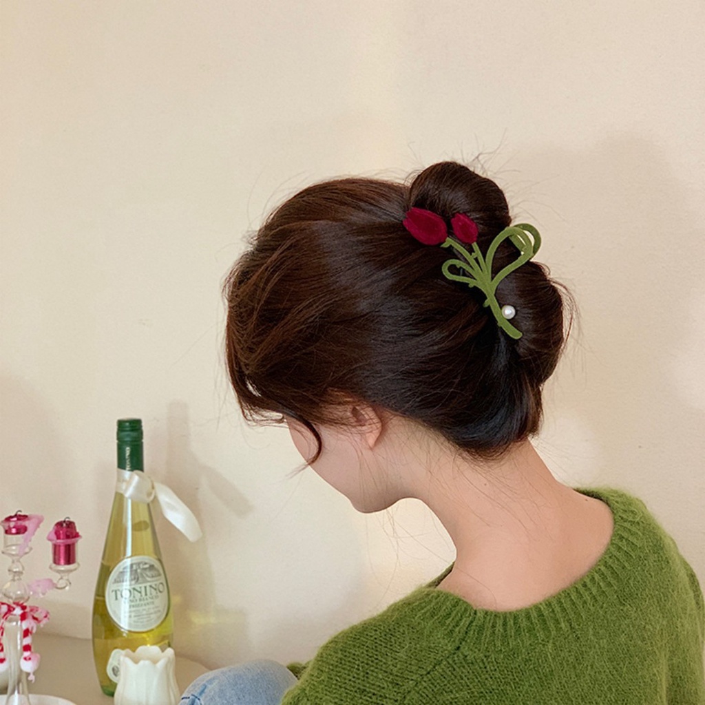 Kẹp Tóc Hình Hoa tulip Vải Nhung Đỏ Phong Cách Hàn Quốc Thời Trang Thu Đông Cho Nữ