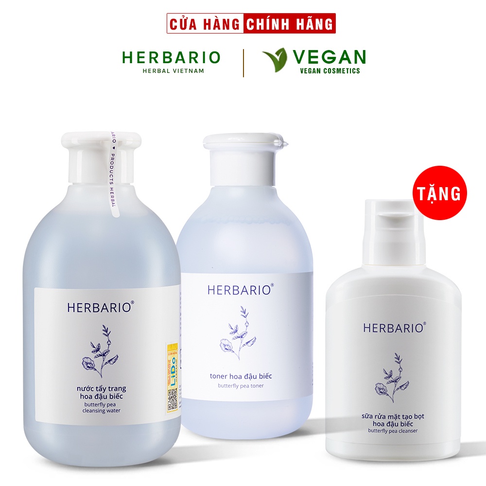 Bộ 3 Hoa Đậu Biếc Herbario chống lão hóa da: Nước tẩy trang 300ml + Toner 200ml + Sữa rửa mặt tạo bọt 100ml