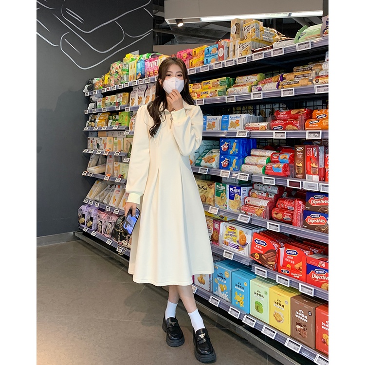 Đầm Nhung Trơn Tay Dài Chiết Eo Thời Trang Mùa Thu Phong Cách Hàn Quốc Cho Nữ