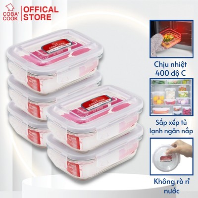 Bộ 5 Hộp Thủy Tinh Chống Tràn Trong Tủ Lạnh Chịu Nhiệt COBA'COOK Hộp Chữ Nhật 370ml- CCL35
