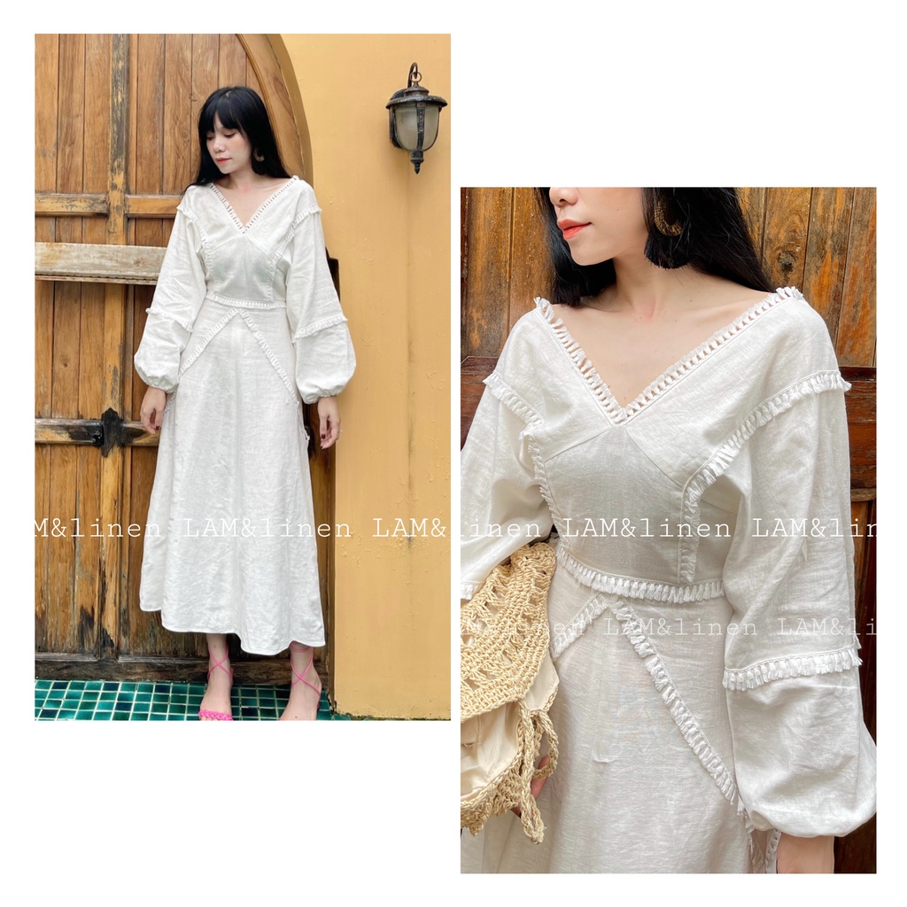 Đầm váy maxi Linen phối ren tua rua, style boho