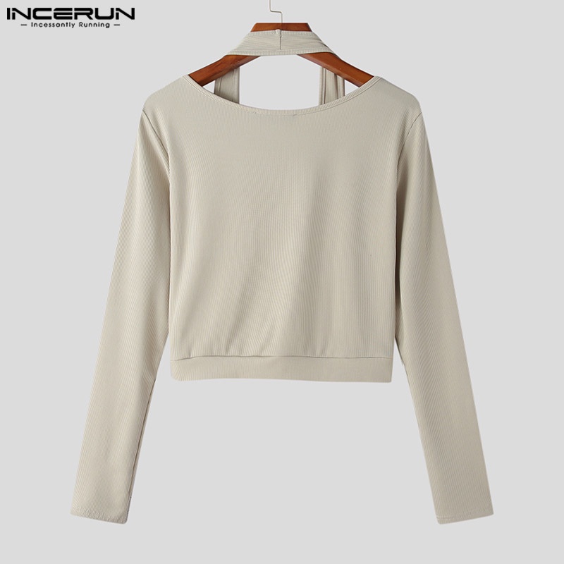 Áo thun Incerun tay dài cổ yếm 3 màu chọn lựa thời trang cho nam