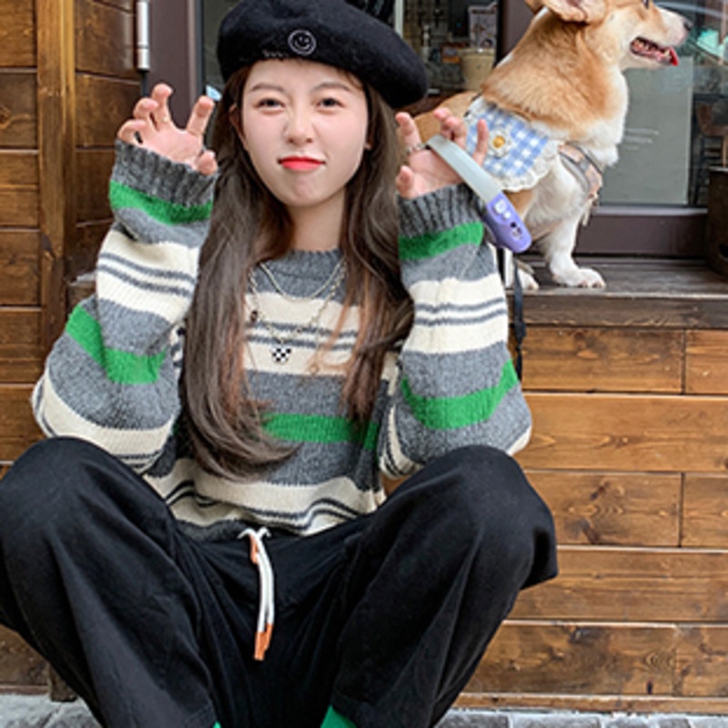 Áo Sweater Dệt Kim Tay Dài Kẻ Sọc Màu Sắc Tương Phản Phong Cách Hàn Quốc Thời Trang Mùa Thu Cho Nữ