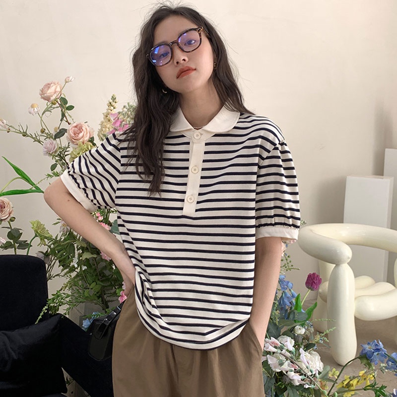 Áo polo Ngắn Tay Dáng Rộng Họa Tiết Kẻ Sọc Thời Trang Hàn Quốc Cho Nữ