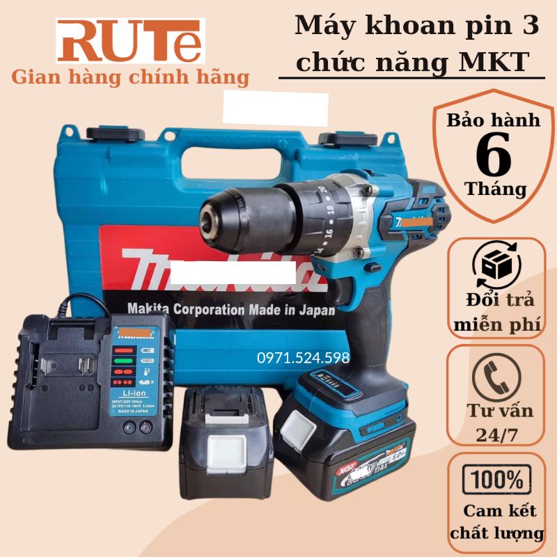 Máy khoan pin 3 chức năng MA.K.I.TA, máy khoan dùng pin có búa không chổi than