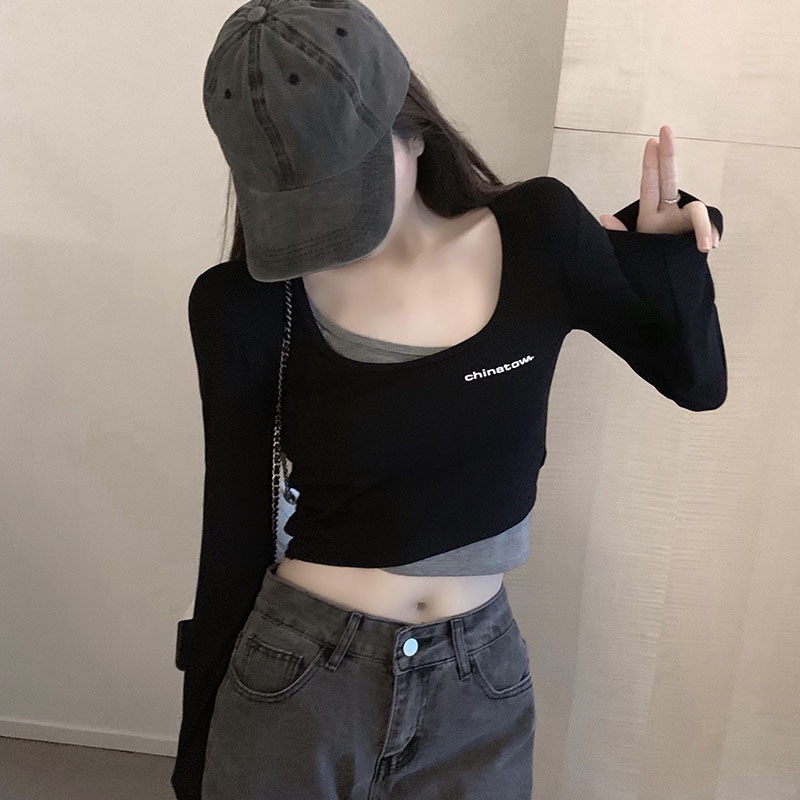 IELGY  IELGY Áo Thun Tay Dài Dáng Ôm Ngắn Màu Đen Thời Trang Cho Nữ