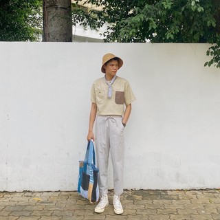 75s - Set áo linen phối 2 túi và quần linen sọc cột eo