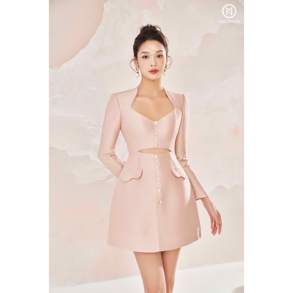 MOLLYNISTA - Đầm tay dài khoét eo nút ngọc quyến rũ nữ tính thiết kế cao cấp đi chơi đi tiệc gợi cảm