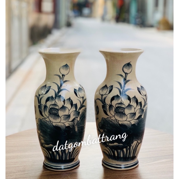 Đồ thờ cúng - Lọ hoa dáng lộc bình men rạn vẽ sen gốm sứ men rạn Bát Tràng