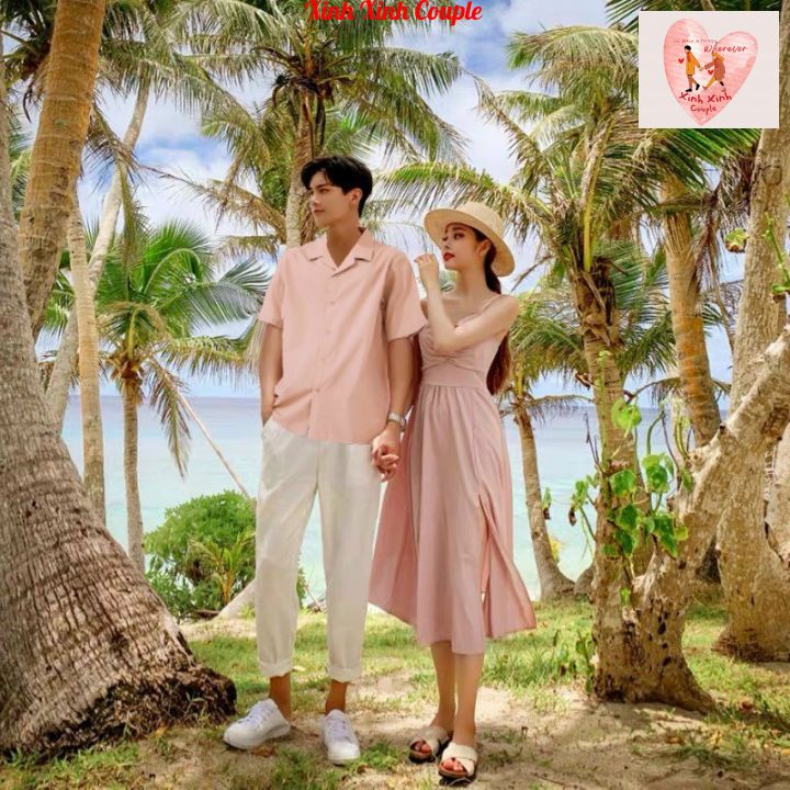 Đồ Đôi Nam Nữ, Áo Đôi Nam Nữ Đi biển đẹp, chụp hình cưới: Set áo váy sơ mi Hàn Quốc(có ảnh thật)