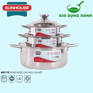 Bộ nồi inox 1 đáy bếp từ sunhouse sh224 kích thước 16-18-24cm dùng trên mọi loại bếp
