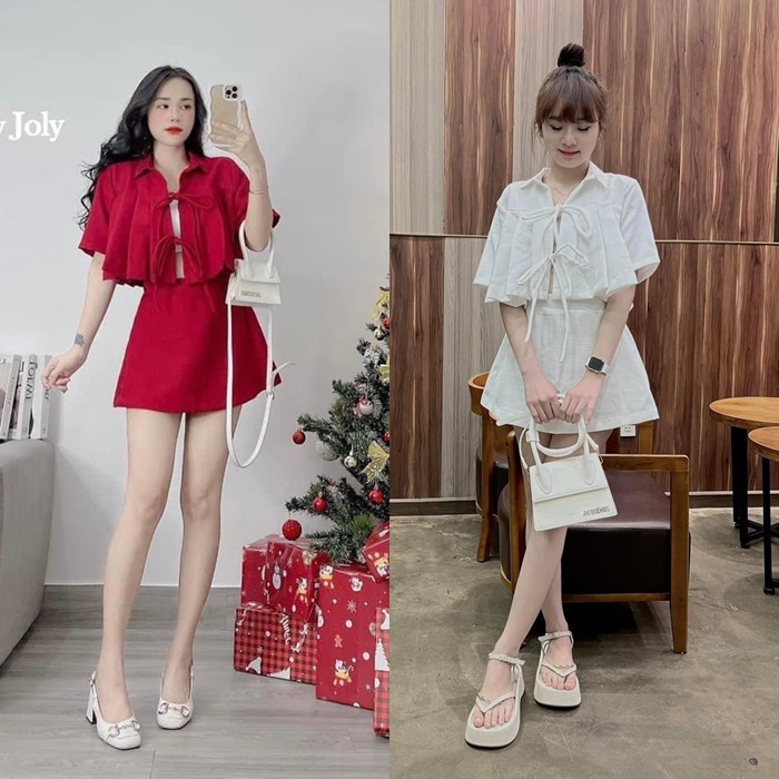 SET ÁO KHOÁC LỬNG CROPTOP CỔ SƠ MI XẾP LY FORM RỘNG TAY NGẮN + CHÂN VÁY NGẮN SUÔNG TRƠN ĐẦM DẠO PHỐ DỰ TIỆC
