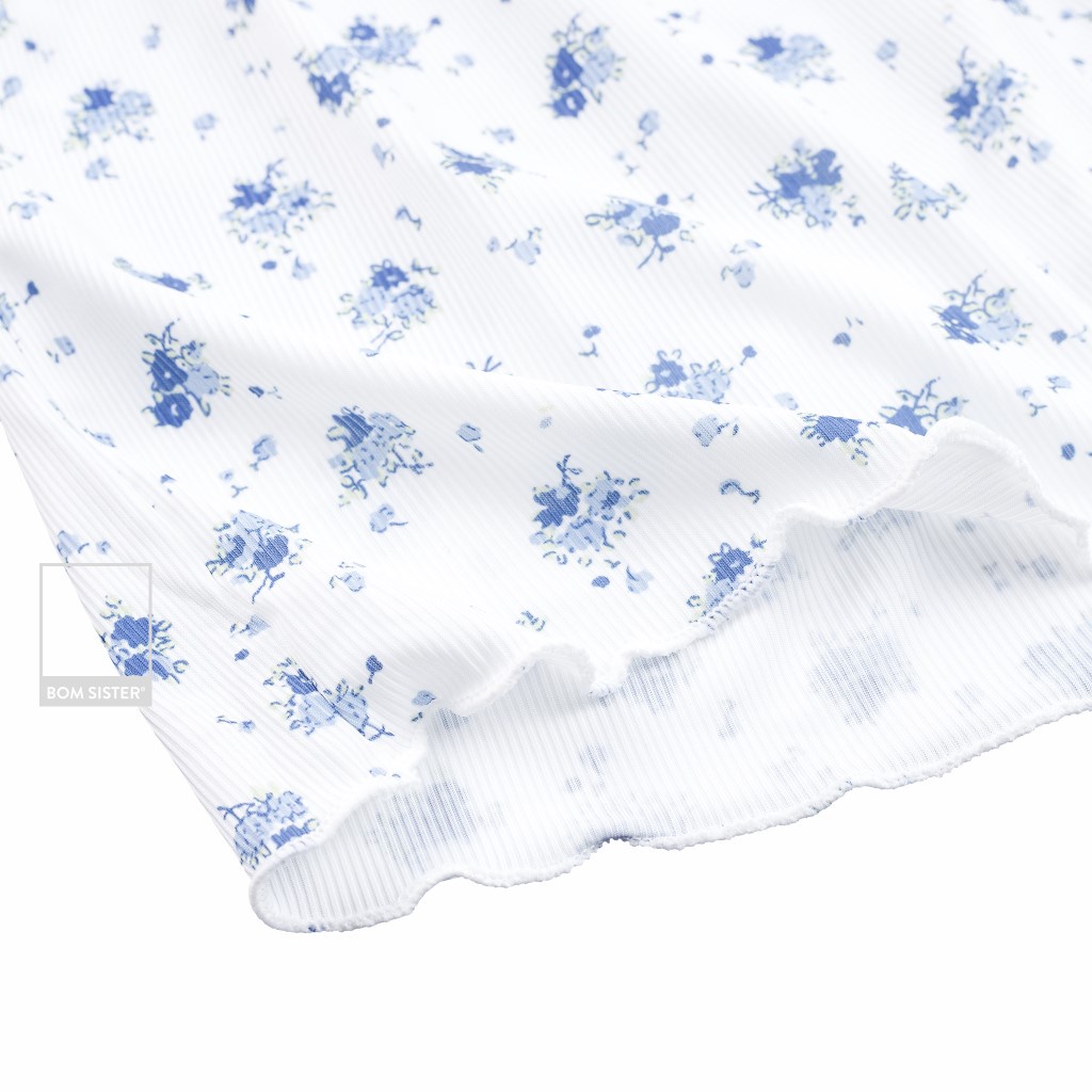 Set đồ ngủ thun phối ren áo 2 dây quần đùi viền bèo họa tiết hoa xanh dễ thương BOM SISTER DN7729