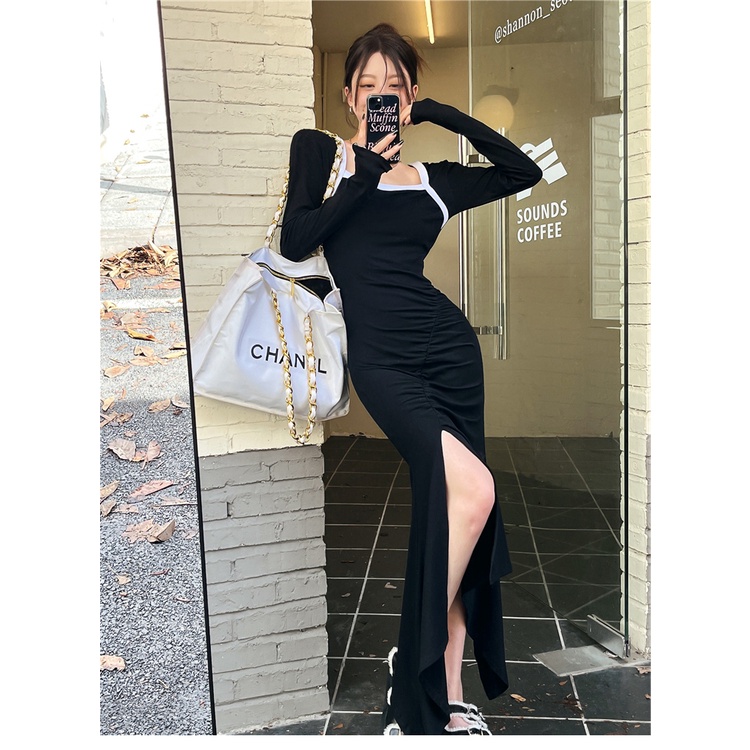 ZHELIHANGFEI Váy vuông tay dài cổ vuông không xẻ tà eo gợi cảm váy ôm sát hông bé gái dài váy dài