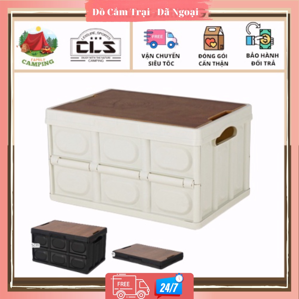 Thùng đựng đồ gấp gọn nắp bằng gỗ + nắp nhựa 55Lit lưu trữ đồ ô tô đa chức năng cắm trại dã ngoại chính hãng CLS