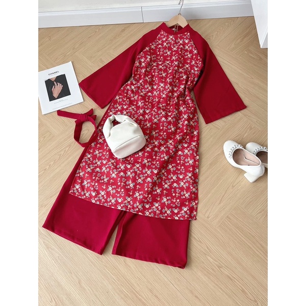 Áo dài cách tân hoa nhí Se.Na mẫu mới 2024 3 món kèm tubal xinh xắn