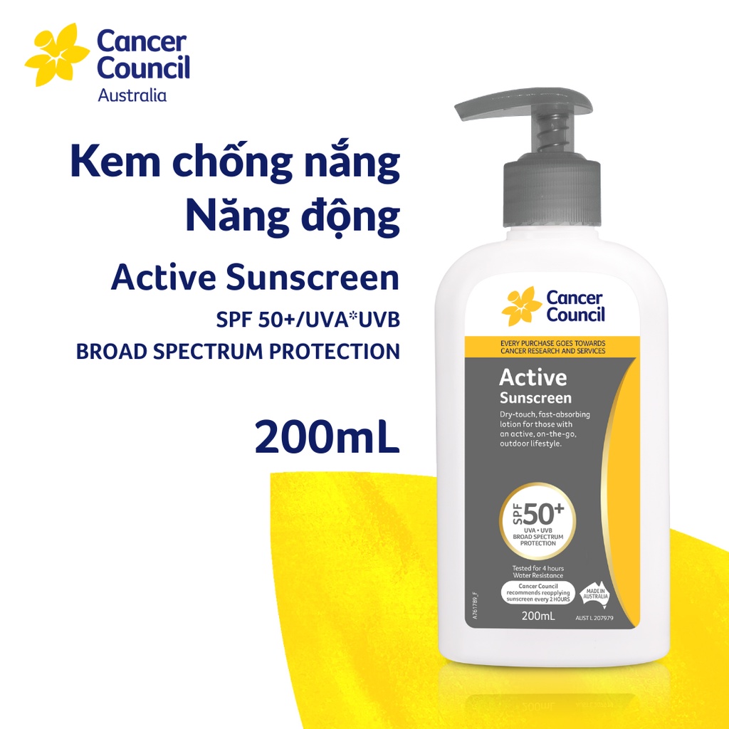 Kem chống nắng năng động Cancer Council Active SPF 50+/PA ++++ 200ml