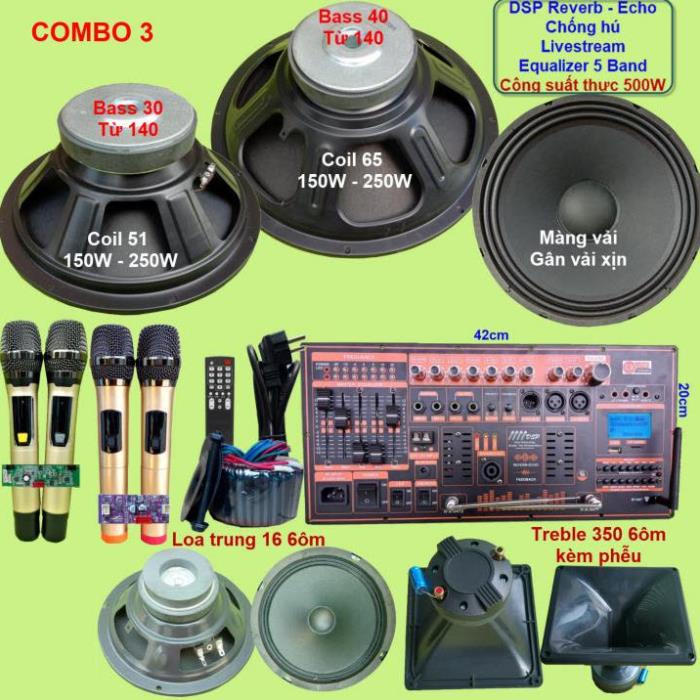 Mạch loa kéo 3 loa công suất thực 500W DSP Reverb Echo Livestream có chống hú kèm 4 tay micro