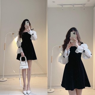 Đầm 2s cột nơ nhung tay voan rời có khoá kéo lưng dáng suông freesize Pumi