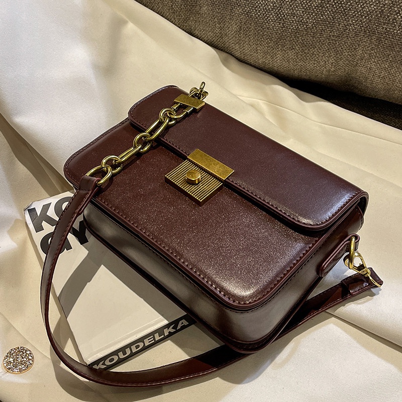 Túi Đeo Chéo Hình Vuông Nhỏ Màu Nâu Có Khóa Thời Trang Cho Nữ