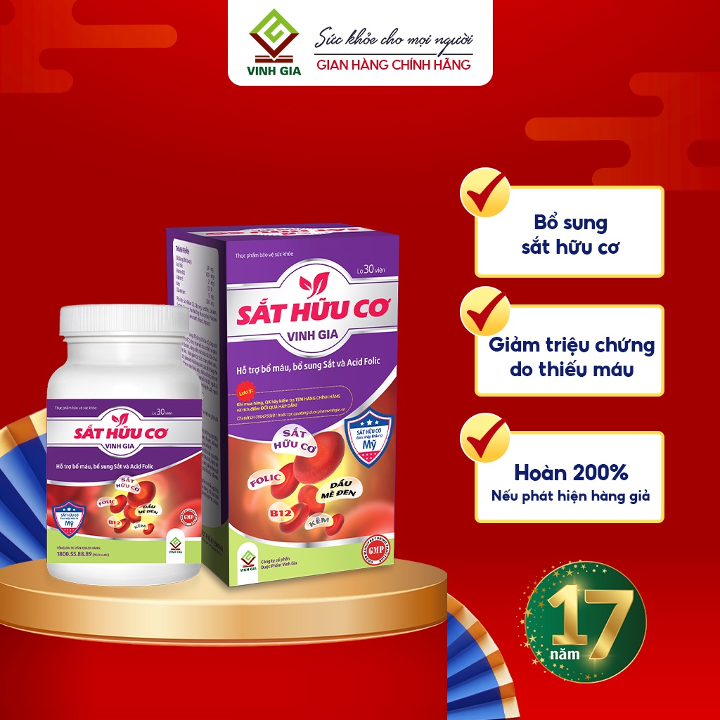 Viên Uống Bổ Sung Sắt Hữu Cơ VINH GIA Giảm Tình Trạng Thiếu Máu, Tăng Khả Năng Hấp Thụ Sắt Dùng Cho Mọi Lứa Tuổi 30 Viên